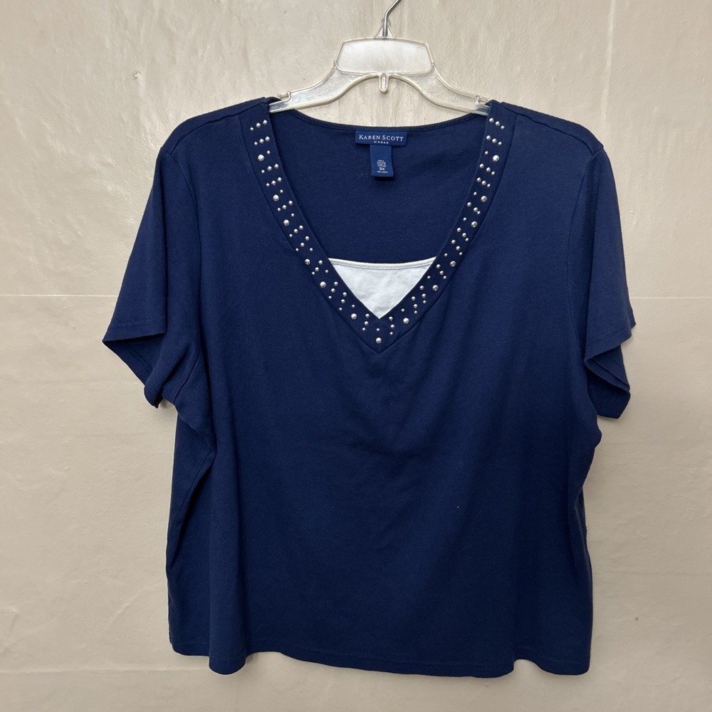 Karen Scott 3X Navy V Neck Short Sleeve Top With‎ Stud Details